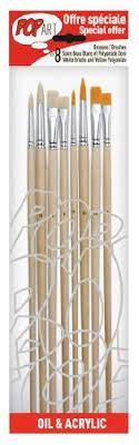 Pochette de 8 Pinceaux Manche Longue Polyamide/Soies Beau Doré/Blanc