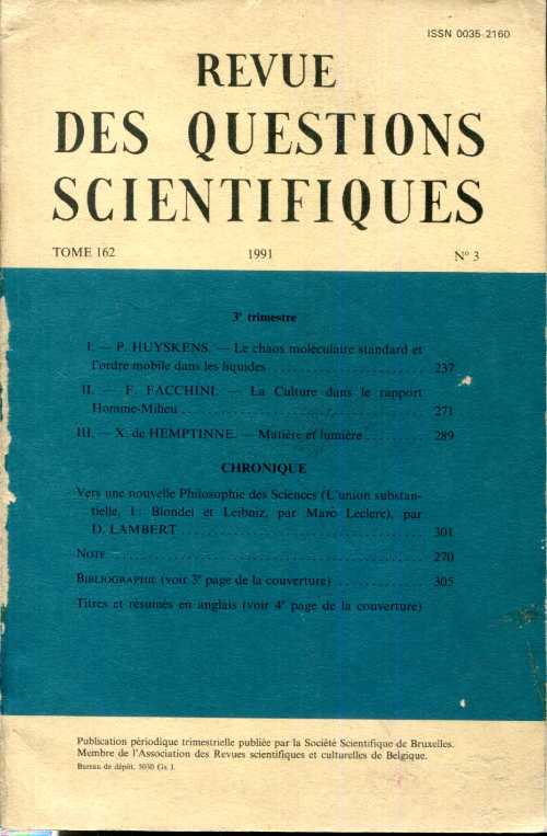 Revue des questions scientifiques Tome 162 - N° 3