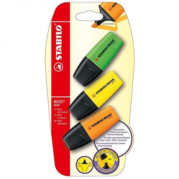 3 Surligneurs STABILO BOSS MINI - Jaune + Vert + Orange