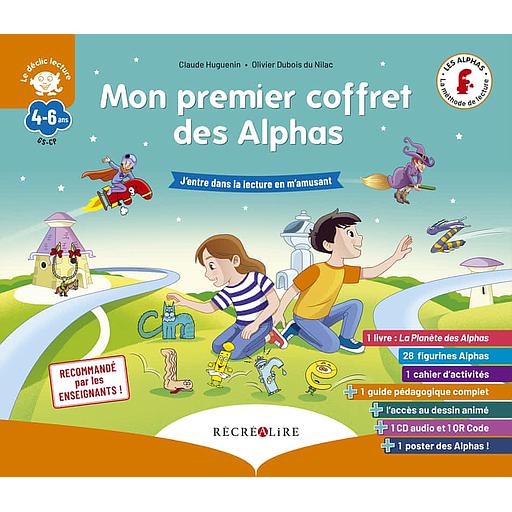 Mon premier coffret des Alphas  - J'entre dans la lecture en m'amusant. Contient : 1 livre, 28 figurines, 1 cahier d'activités, 1 guide pédagogique, l'accès au dessin animé, 1 poster