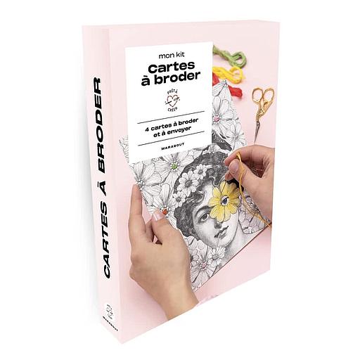 Mon kit cartes à broder  - Avec 4 cartes doubles, 4 échevettes de fils, 1 aiguille et 1 livret