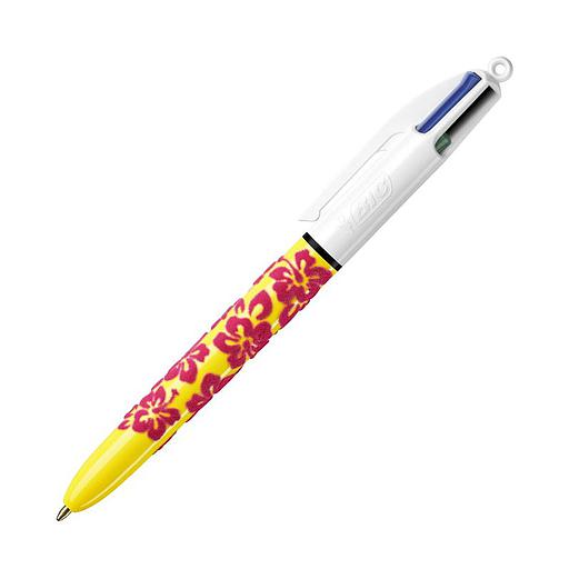 Stylo à bille 4 couleurs - 1 mm - corps texturé velours motif feuilles