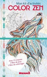 Mon kit d'activités Color zen Loup  - Avec 12 crayons, 1 bloc de jeux, 1 bloc de coloriages