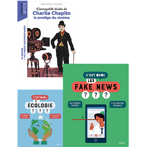[PKLS0006] Pack Lecture suivie Nénuphar 6e (3 histoires: L'incroyable destin de Charlie Chaplin, C'est quoi l'écologie? C'est quoi les Fake News?)